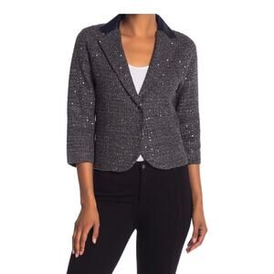 ELIE TAHARI gray silver lurex knit blue leather collar sweater Visna jacket